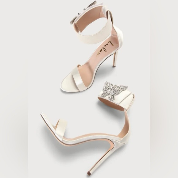 NWT IN BOX White Satin Rhinestone Butterfly Ankle Strap Heels - Picture 2 of 4